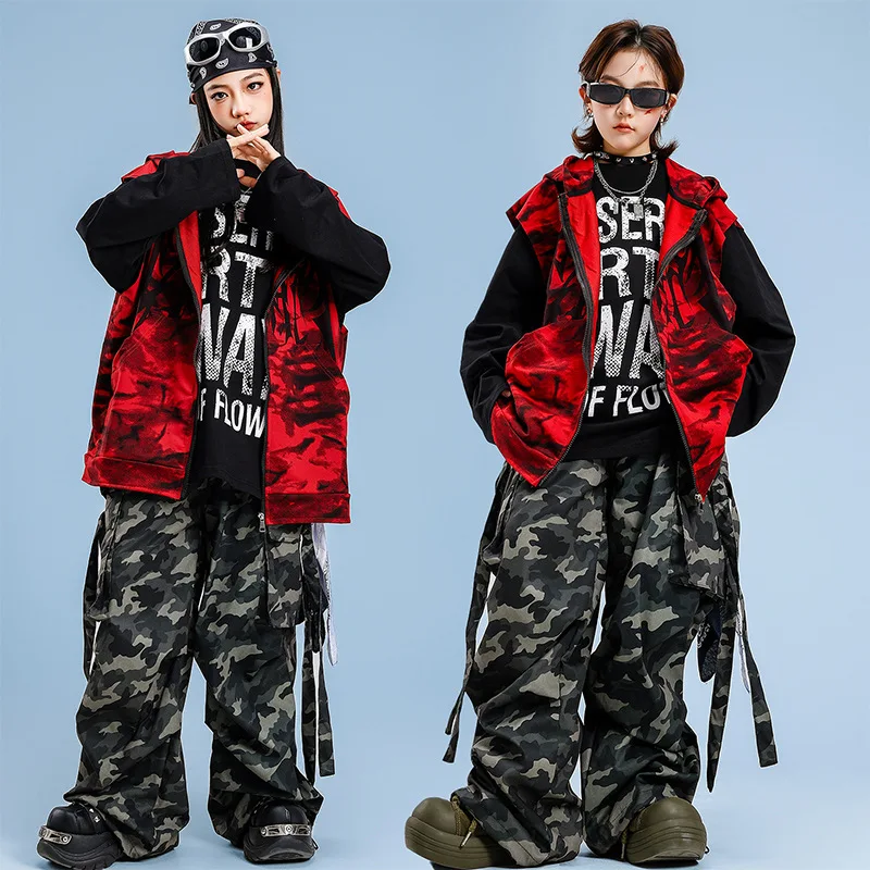 Jungen K-Pop Cool Print Kapuzenweste Street Dance Camo Hosen Kostüm Jungen Hip Hop Langarm Top Gruppe Streetwear Kleidung Sets