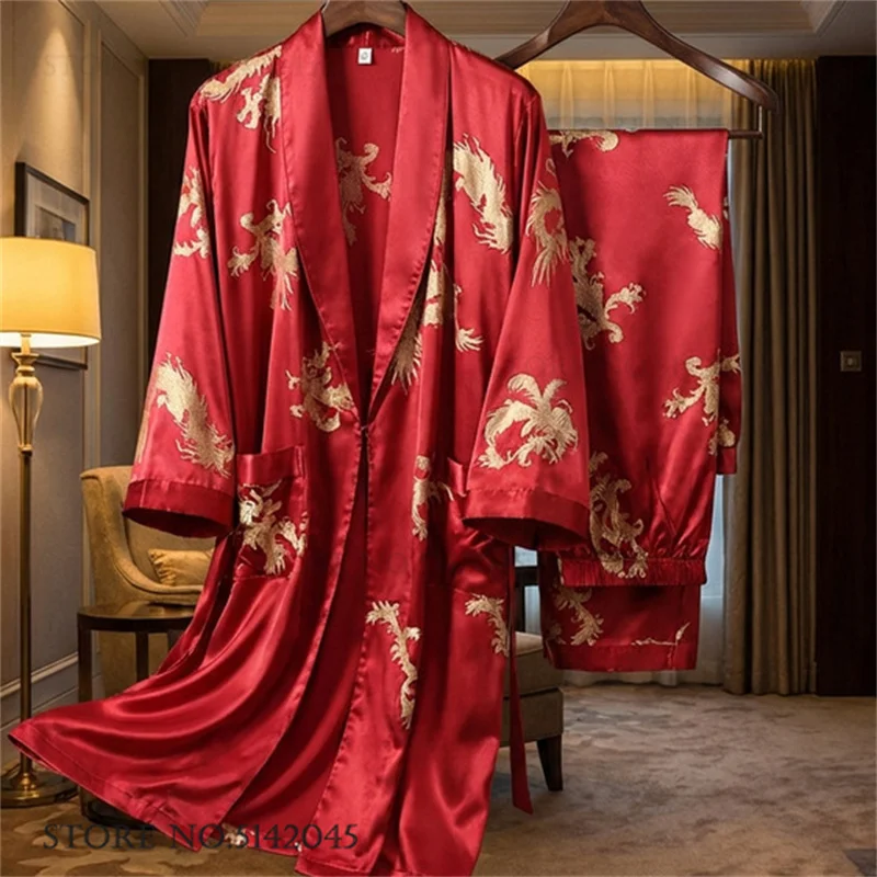 Plus Size Mans Long Robe Pajamas Set Homewear Spring Summer New Print Dragon Kimono Bathrobe Gown Loose Satin Sleepwear Pyjama