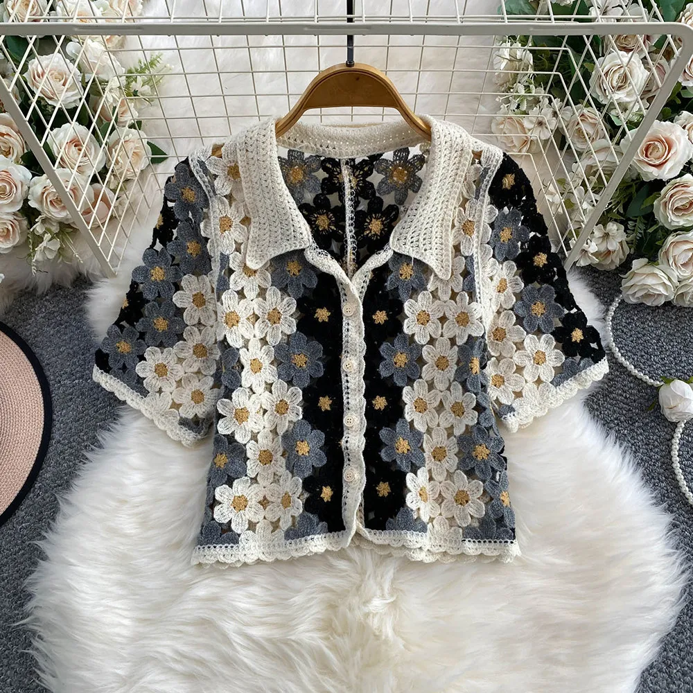 Crochet Knit Shirt Short Sleeve Floral Granny Square Button-Down Lace Blouse Women Vintage Boho Summer Festival Beach Wear