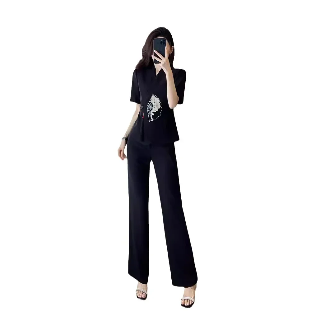 Pop Chinese Style Sunscreen Two-piece Set For Women V Neck Patchwork Lace-up Short Sleeve Blazer With Casual Pants 2024 Summer