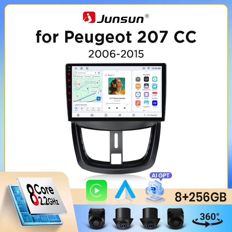 Autoradio sans fil Junsun CarPlay Android Auto pour Peugeot 207 / 207 CC 2006-2014 avec ventilateur de refroidissement intégré, navigation GPS Android, lecteur multimédia, WiFi, DSP, RDS, BT, SWC,