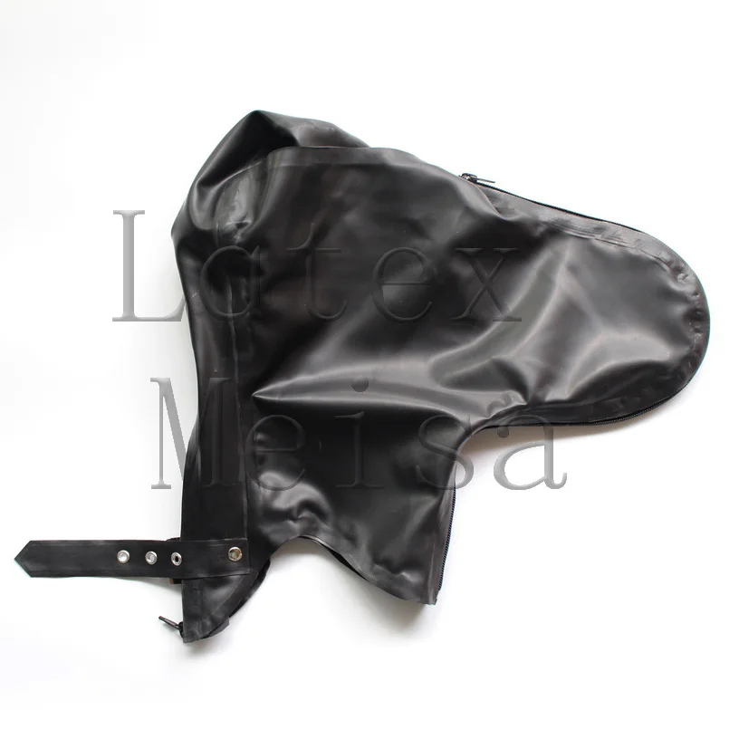

With front and back zippers design black latex hood open eyes & nostrils & mouth what is made of 0.4mm thickness latex