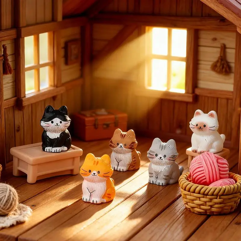 5PCS Adorable Cat Resin Figurines Cartoon Mini Ornaments For Micro Landscape Terrarium And DIY Craft Home Decoration
