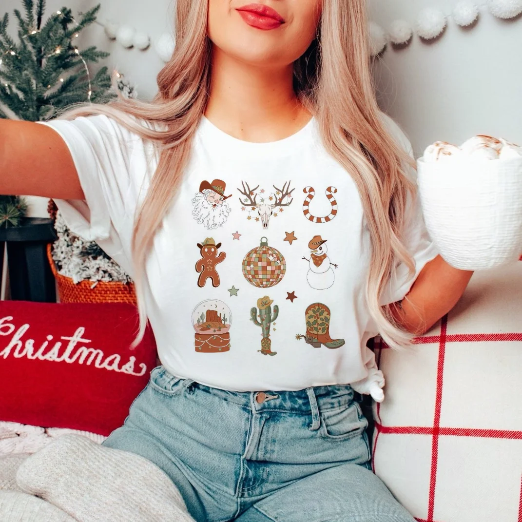 Vintage Western Doodles Christmas Printed Cute Christmas New Year Short Sleeve Printed Cartoon Pattern Harajuku Style Top T-Shir