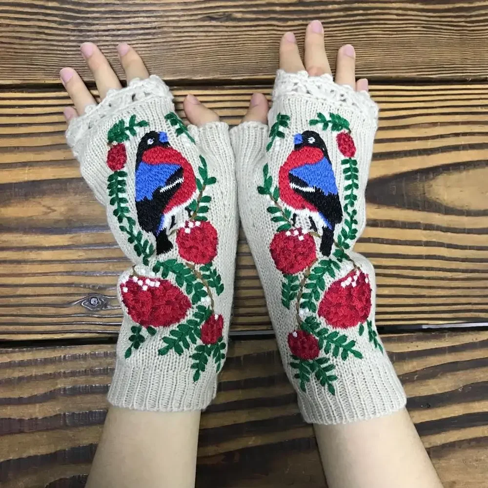 Mode Dames Herfst Gebreide Handgemaakte Borduurhandschoenen Geborduurde Vogel Bloemen Midden Lange Halve Vinger Warme Wollen Winterhandschoenen