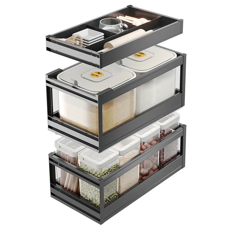 

Rice box dry goods basket, aluminum alloy double-layer storage rack, drawer type built-in kitchen cabinet, storage blue