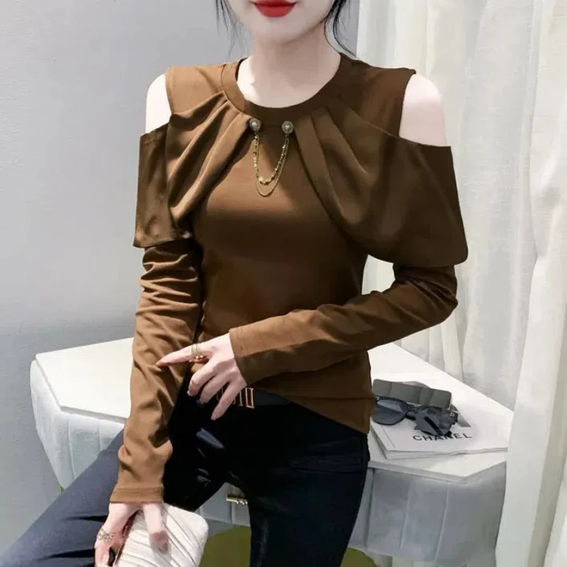 Spring Autumn Long Sleeve Off Shoulder Bottoming Shirt Hollow Out Slim Temperament T Shirt Tops Fashion Elegant Women Clothing