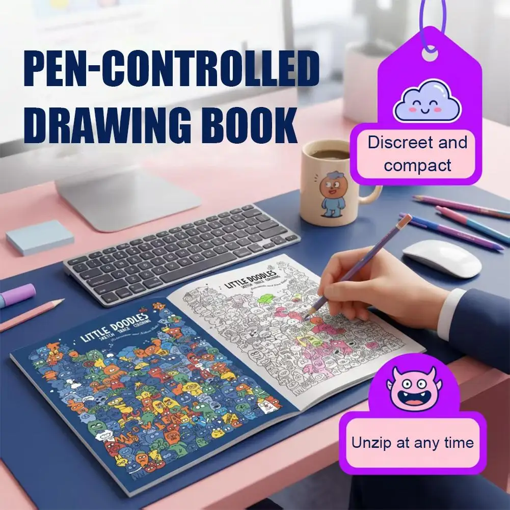 Portable Doodle Coloring Book for Adults Teens HD Line Tracing Sketchbook Travel Friendly Screen-Free Stress Relief Drawing Book