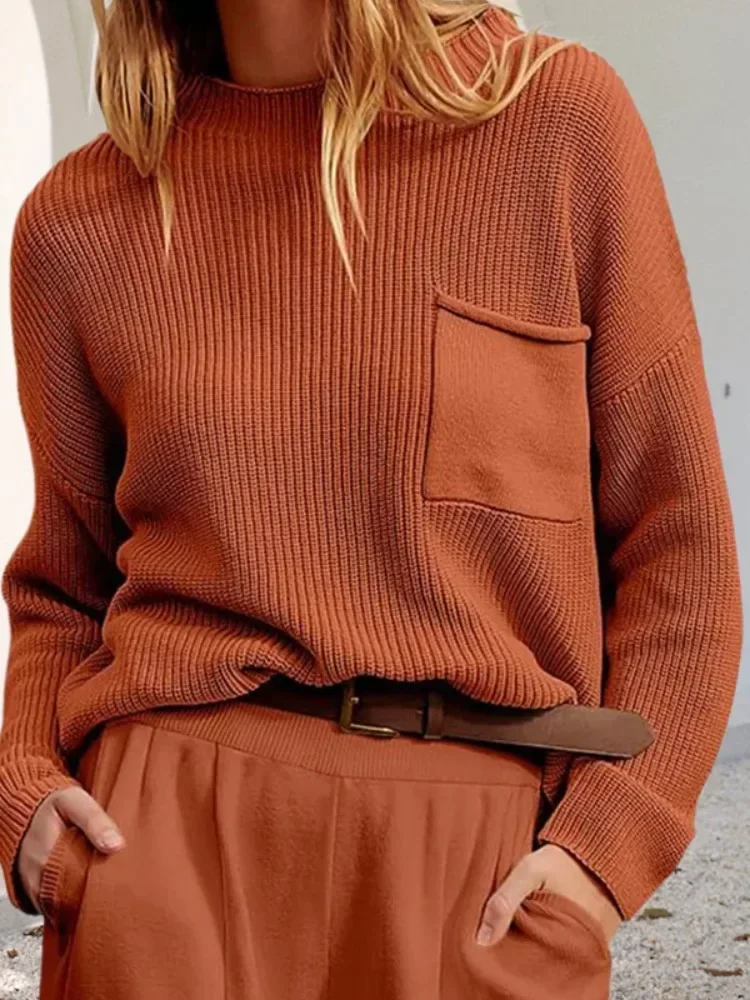 Tinaa Long Sleeves Solid Color Round-Neck Knitwear Pullovers Sweater Tops  Fashion Pockets O-Neck Casual Pullovers Top for Women