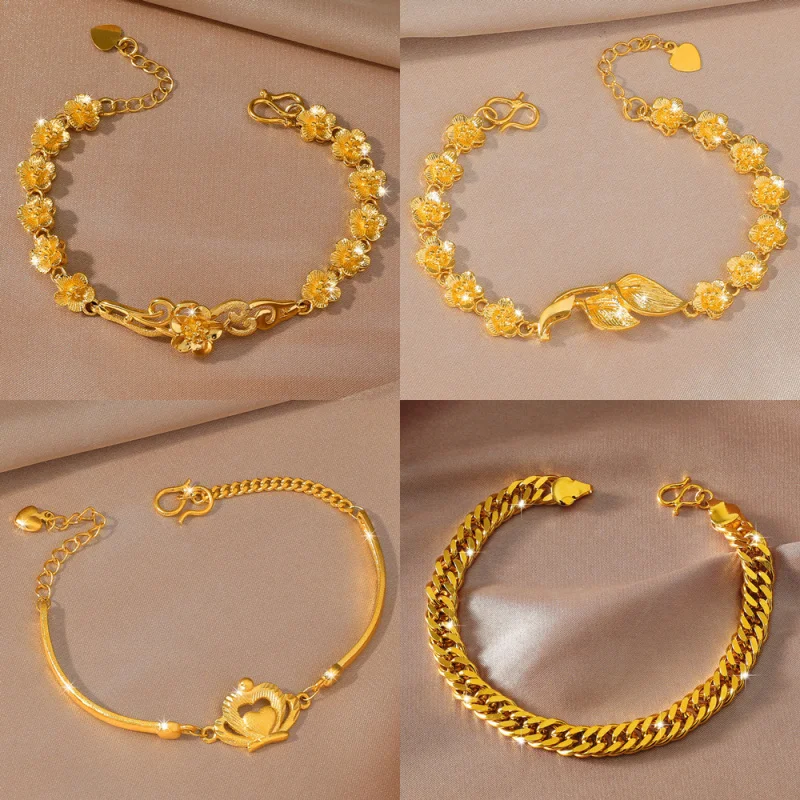 

Luxury 100% Real 24K Gold Flower Bracelet Blooming Prosperous Floral Design Versatile Chain Bracelet For Women