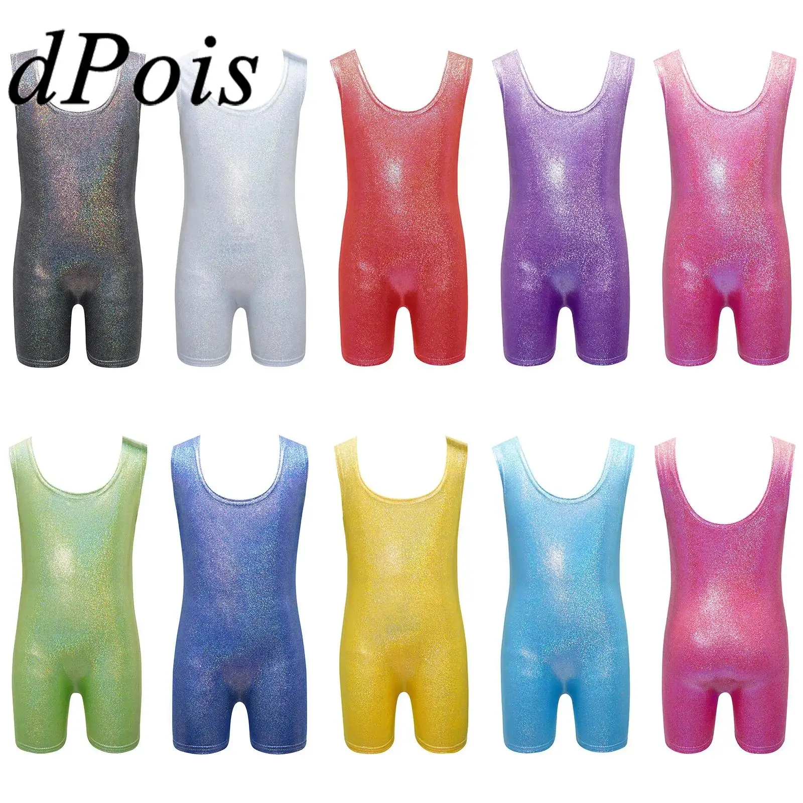 

Kids Girls Gymnastics Leotard Metallic U Neck Sleeveless Unitard Stretchy Jumpsuit Jazz Dance Costume Performance Dancewear