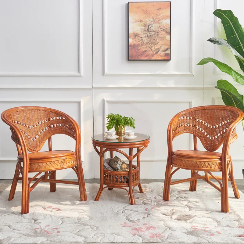 كرسي الروطان مسند ظهر واحد كرسي من الخيزران لغرفة المعيشة من الخيزران المنسوج طاولة قهوة من الخيزران الطبيعي مشاهير الإنترنت #3