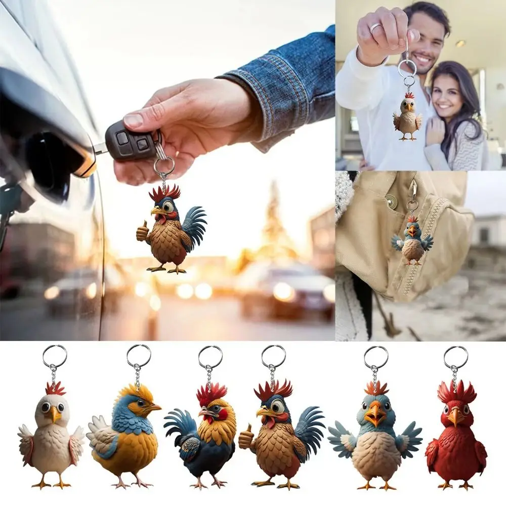 New Cartoon Cute Car Keychain Flat Backpack Pendant Chicken Key Ring Handicraft Ornaments Acrylic Cock Key Holder Christmas Gift