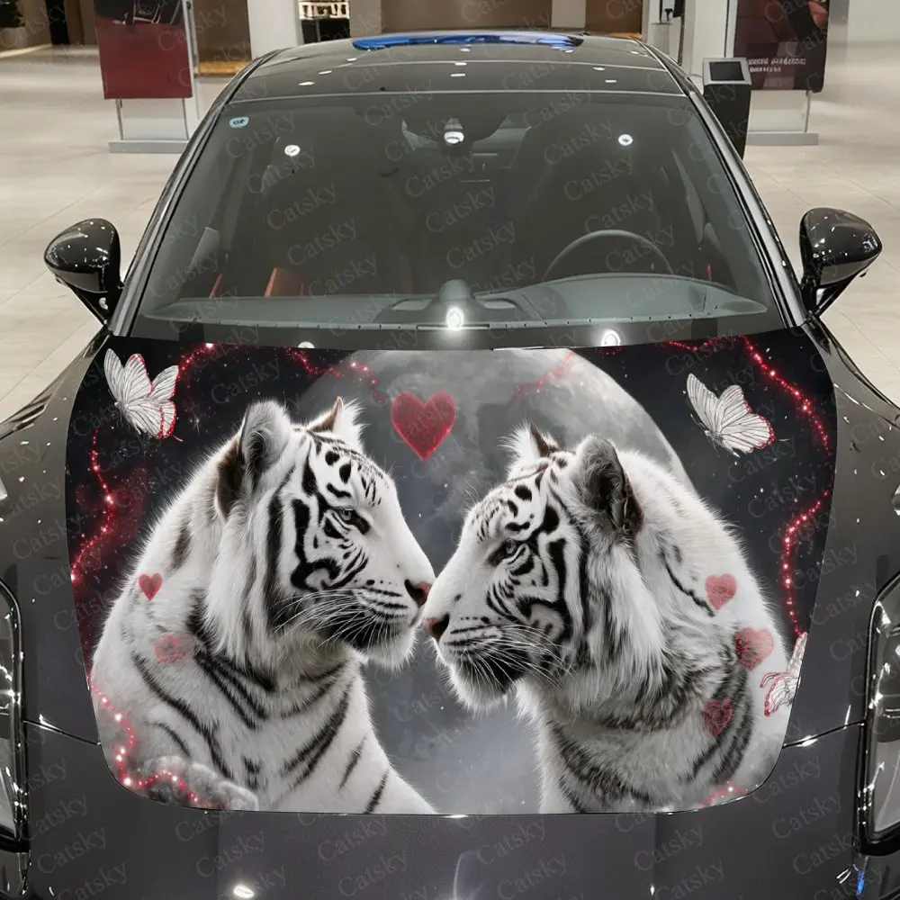 

Heart-Butterfly White Tigers Car Vinyl Wrap, PVC Material Waterproof Car Hood Sticker, Self-Adhesive Scratch-Resistant Stickers