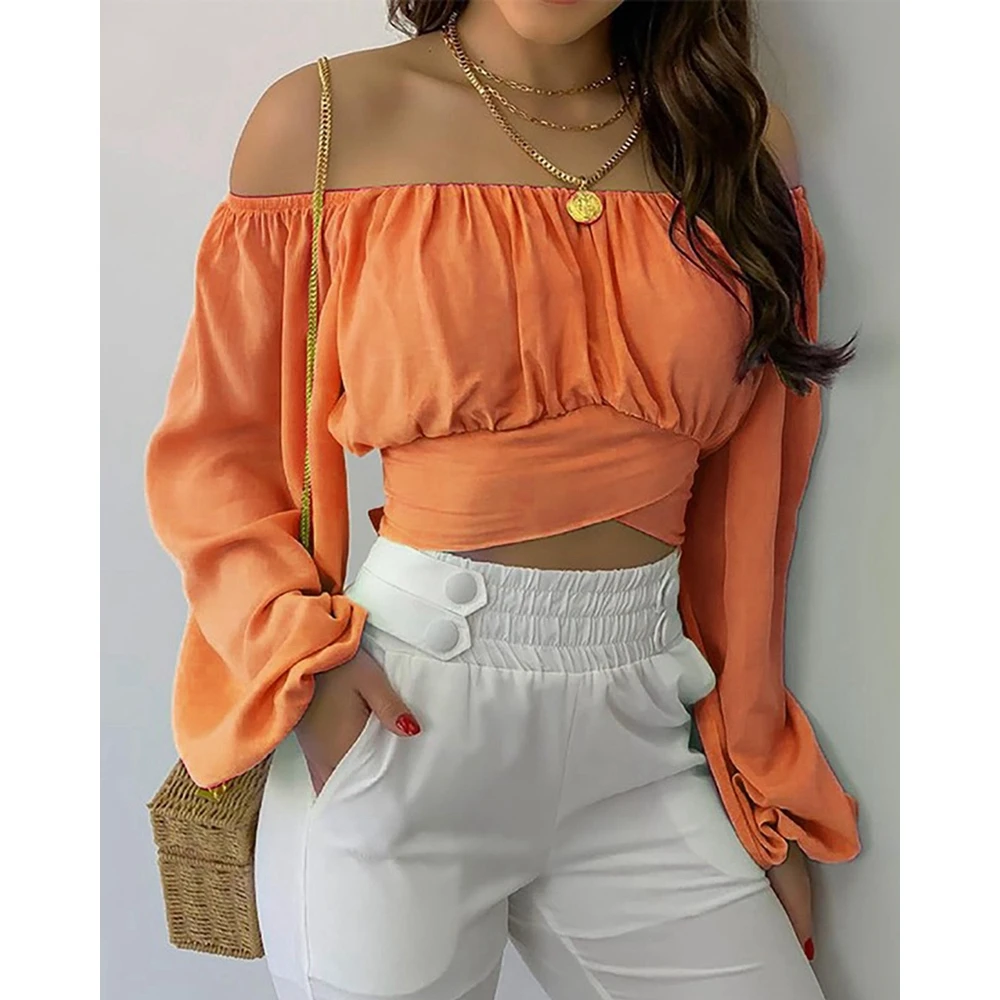 

Summer Fashion Women Off The Shoulder Crop Top Sexy Lantern Sleeve Blouse Casual Ruched Tied Back Detail Shirts Blusa Feminina