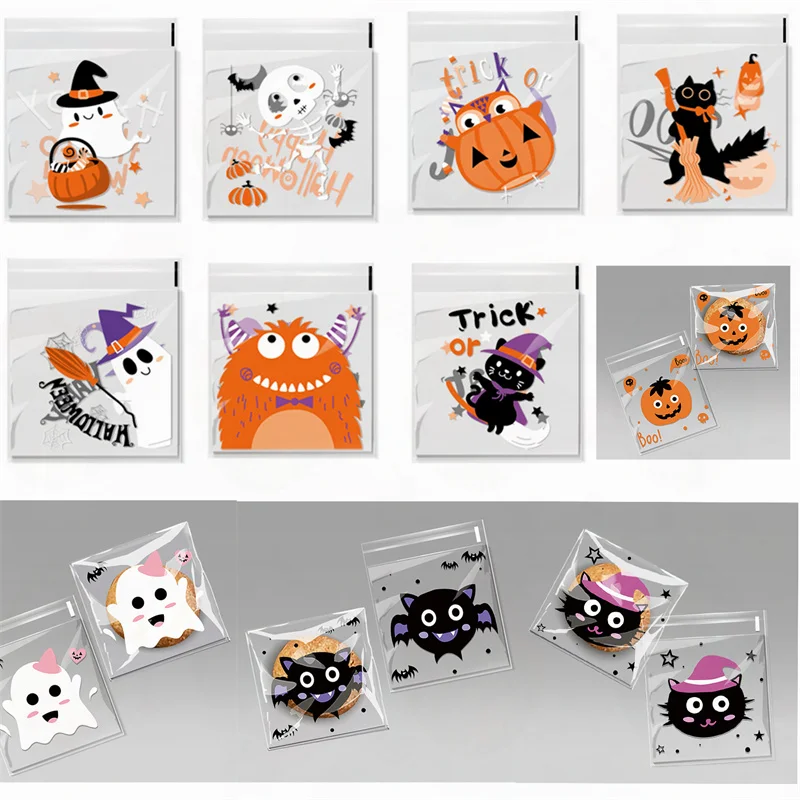 100Pcs 10x13cm Cartoon Transparent Plastic Self-adhesive Bags Cookie Pumpkin OPP Birthday Party Halloween Decor DIY Gift Pouch