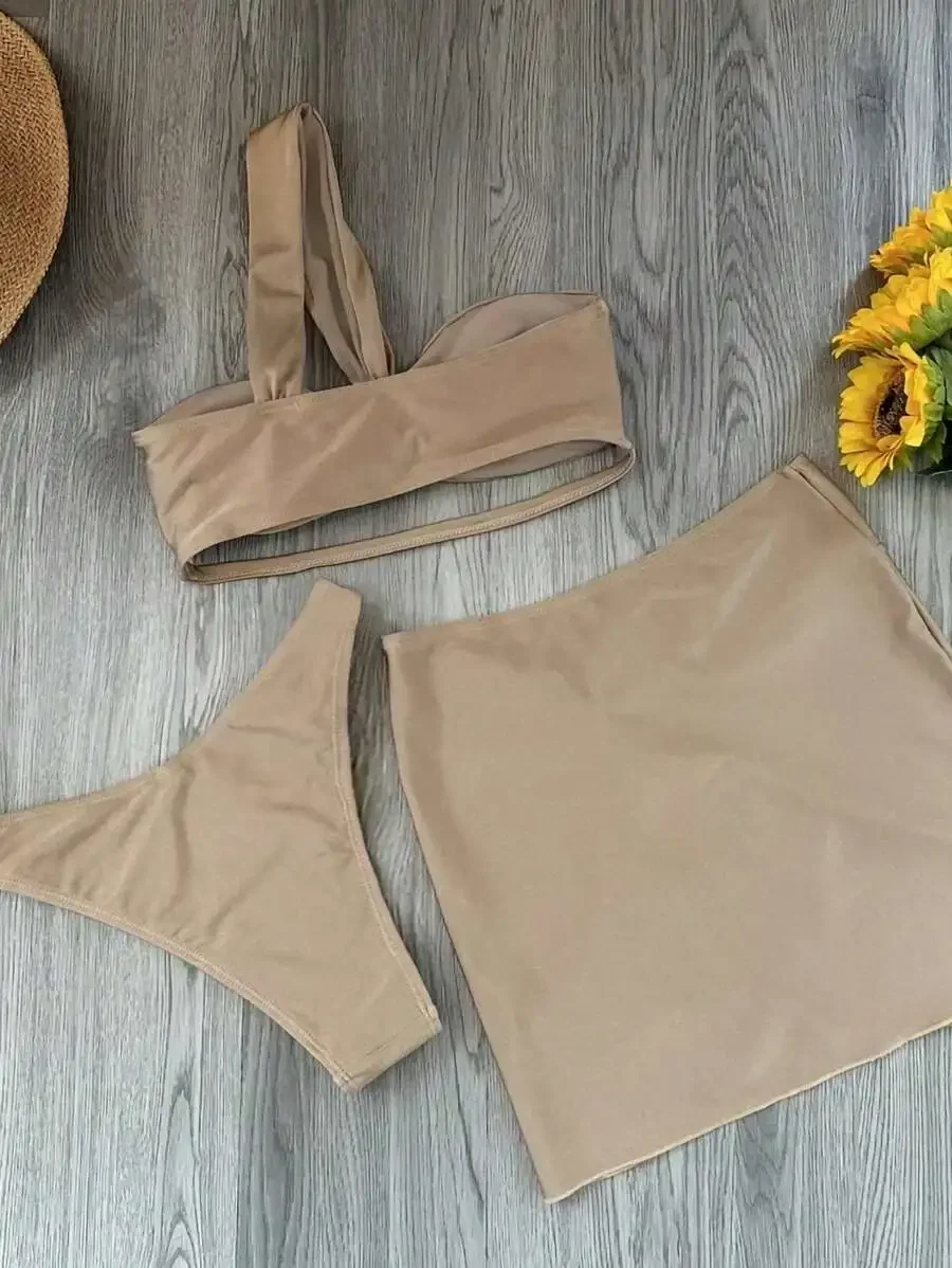 

Khaki 3 Piece Bikini Set Women Casual Beach Swimwear Summer
