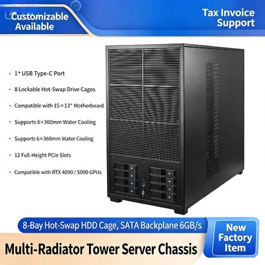 EATX Dual Motherboard Tower Storage Case, 8 Hot‑Swap Hard Drive Slots, Multi 360mm Water‑cooling Mount Industrial Workstation