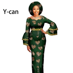 African Dresses for Women Dashiki Print Ruffles Sleeve Long Dresses with Turban Headwrap Party Wedding Vestidos Outfits A1925064
