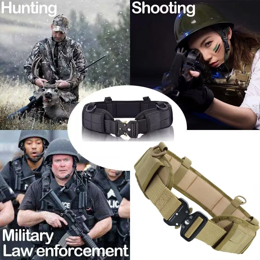 Tactical MOLLE Battle Belt Quick Release Heavy Duty Waist Belt with D-Ring & Multi Hooks for Hunting Camping CS Training
