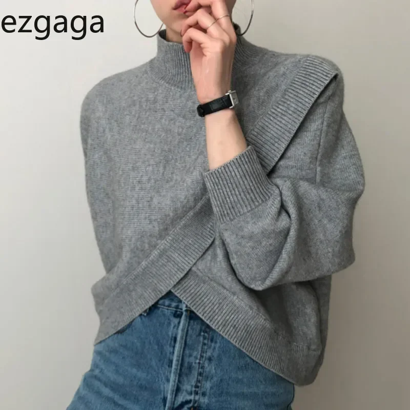 Ezgaga Women Knitted Sweater Chic Turtleneck Criss-cross Irregular Solid Long Sleeve Pullover Office Lady Loose Fashion Autumn