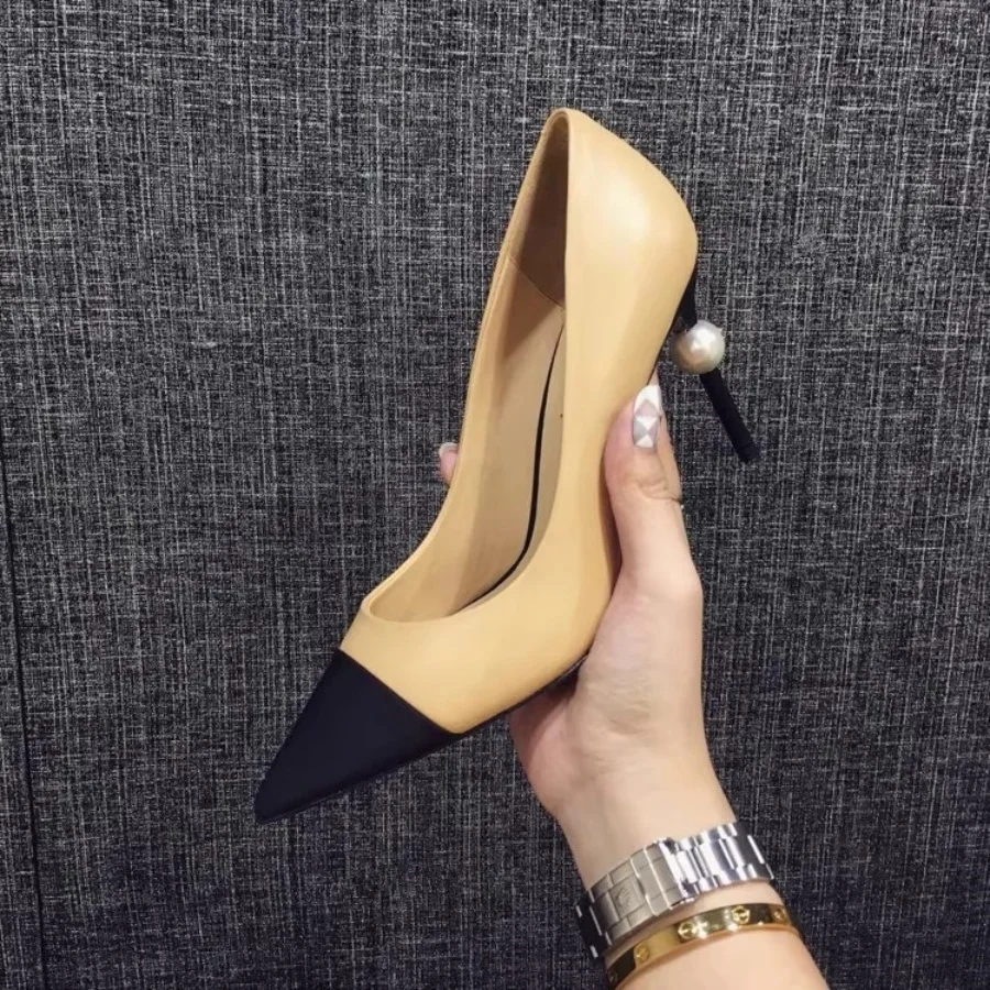 

Pearl Decor High Heels Pointy Single Shoes Black and Beige Color Blocked Elegant Shallow Mouth Women's Shoes Designer Brand