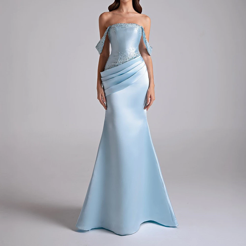 

Customized Mermaid Evening Dresses Floor-length Off The Shoulder Sleeveless Prom Gown Fashion Pleat Sequined Draped Party Gown