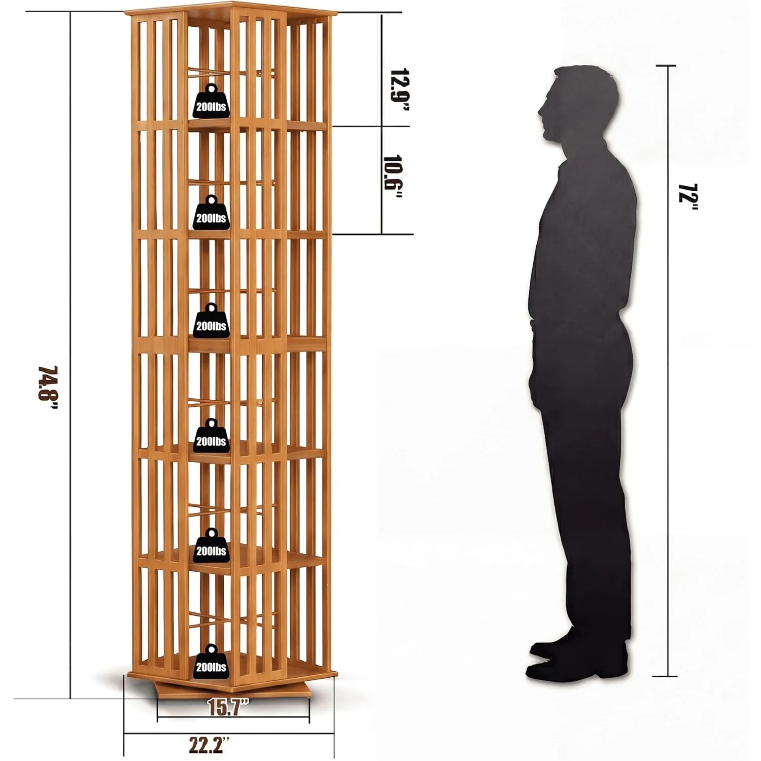 6-Tier 360° Bamboo Rotating Bookshelf Tower, Walnut
