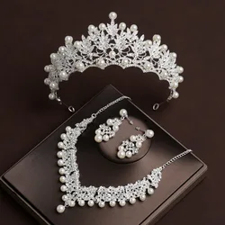 Fashion Crystal Pearl Costume Jewelry Sets Rhinestone Statement Necklace Earrings Crown Tiaras Set Women Wedding Jewelry Sets