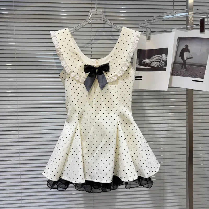 

2025 Summer New Arrival Sleeveless Bow Pin Ruffled Collar Polka Dot Slim Waist Short Tank Dress Women