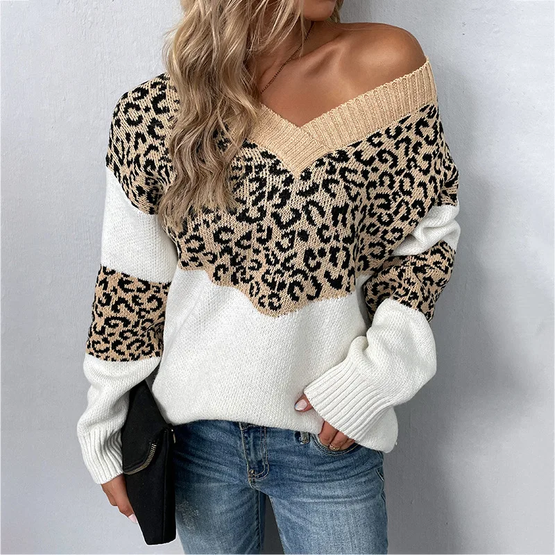 Suéter mujer 2025 Otoño/Invierno cuello pico Color leopardo tejido sin forro prenda superior suéteres mujeres Dropshipping MMYD2818