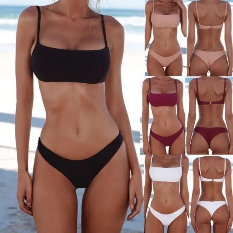 Neues Damen-Bikini-Set, einfarbig, zweiteiliger Badeanzug, sexy Strand-Bademode mit Spaghettiträgern und gepolstertem BH, Sommer-Badeanzug – Detail 1