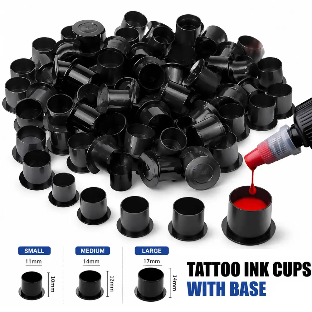 1000/100pcs S/M/L Black Plastic Disposable Tattoo Ink Cups Makeup Permanent Pigment Holder Container Cap Tattoo Accessories