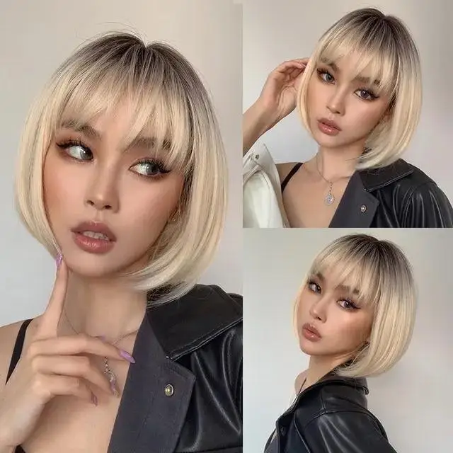 

Platinum Blonde Ombre Synthetic Bob Wigs with Bangs Short Straight Natural Hair