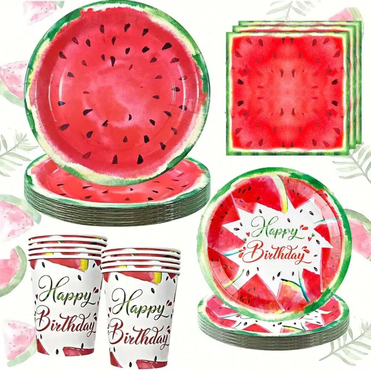 Wassermelonen-Partybesteck-Set, einschließlich Einweg-Pappteller, Servietten, Pappbecher, geeignet zum Geburtstag, Partys, Versammlungen.