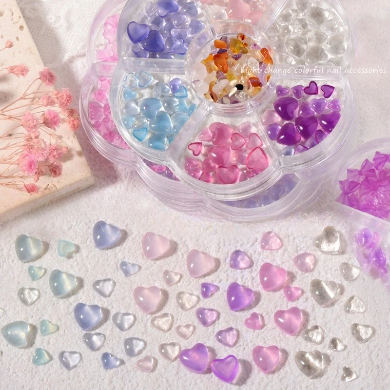 1 Set Photochromic Transparent Heart Nail Kit Color Changing Jelly Bow Bear Natural Crystal Stone DIY UV Gel Nail Decor Box