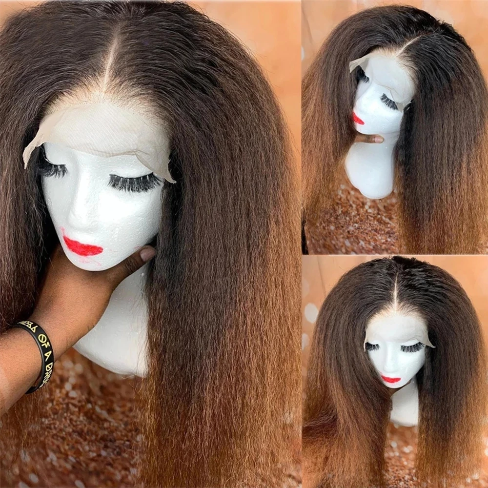 Yaki Ombre Brown Blonde 30Inch Long Kinky Straight Lace Front Wig For Black Women Baby Hair Synthetic Preplucked Glueless Daily