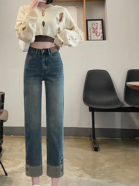 ハイウエスト Fce パッチワーク ストレートレッグ 春秋新作 レディースジーンズ ハイウエスト カフ付き アンクル丈 カジュアルウェア