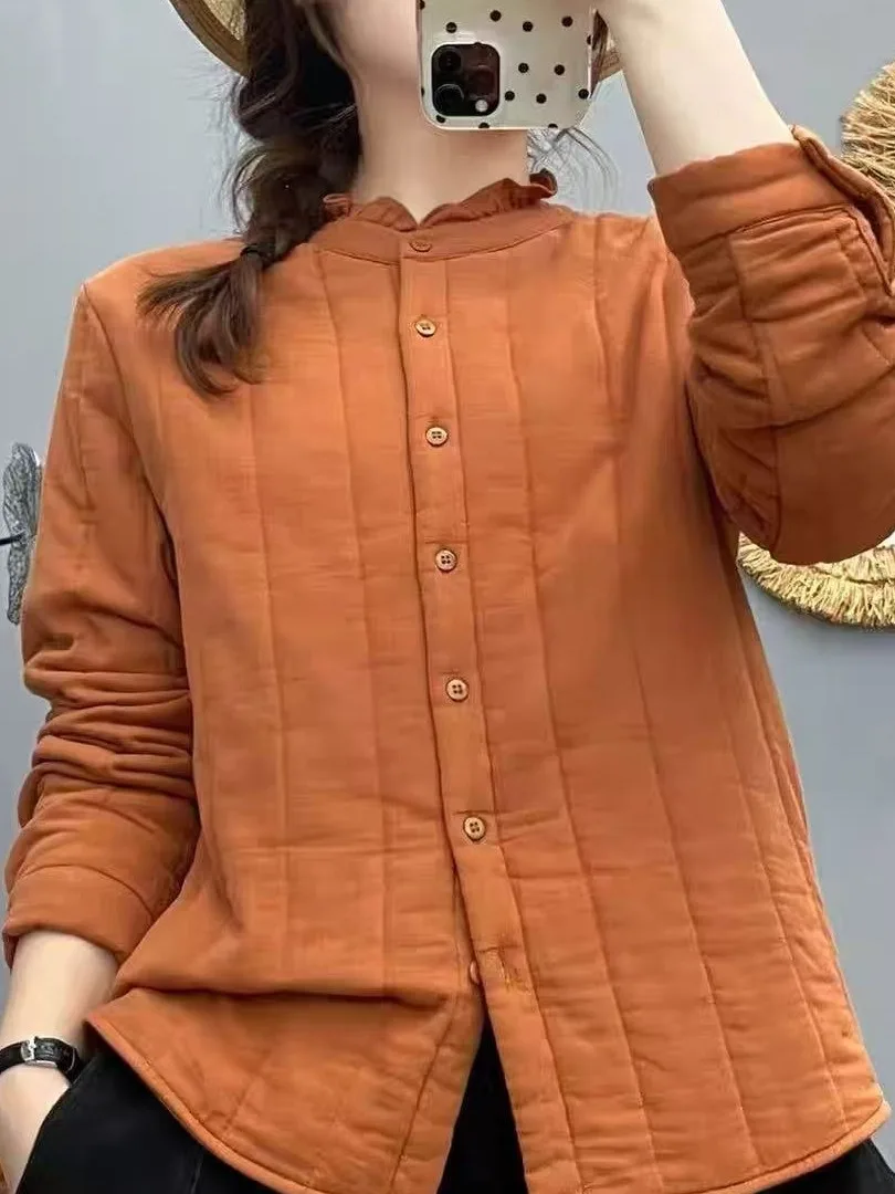 

Autumn Winter Double Layer Cotton Long Sleeve Shirt Women's Loose Stand Collar Ear Look Shirt Cotton Outerwear Fashion Art