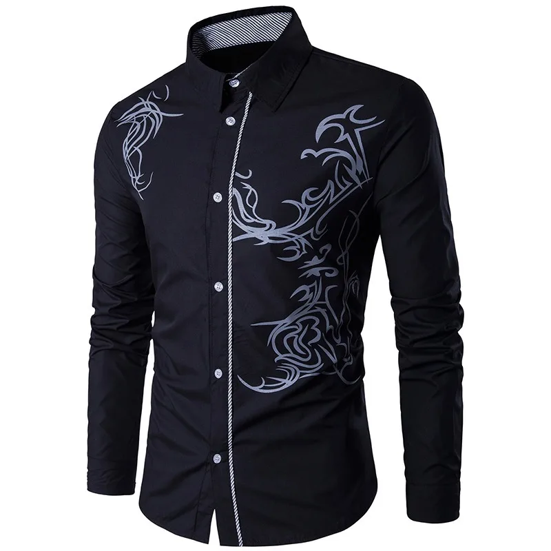 Ethnic Style Printed Shirt Men\'s Long-sleeved Shirt Spring and Autumn White Lapel Business T-shirt Polyester Top Clothes for Men