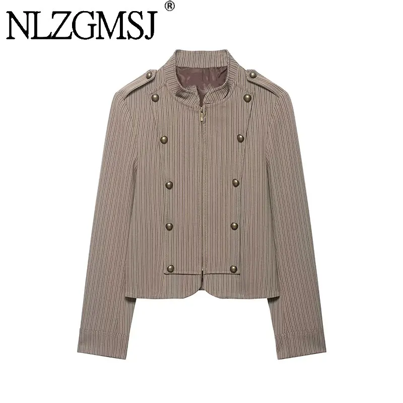 Nlzgmsj 2026 Spring Autumn Women Trendy Striped Button Decoration Blazer New Fashion Slim Office Lady Blazer
