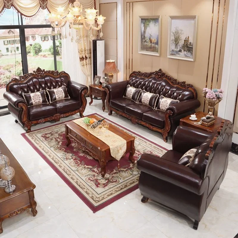 

-European Free Combination Leather Sofa Set with Solid Wood Carving Frame, Suitable for Apartments and Hotel Living Rooms