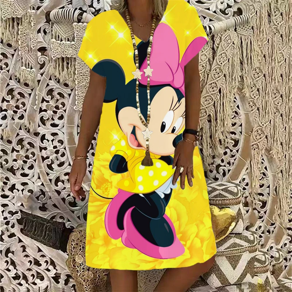 

Elegant Beach Party Dress For Women Femme 2024 Disney Minnie Mickey Mouse Summer Boho Dress Fashion Casual V-neck Midi Dresses