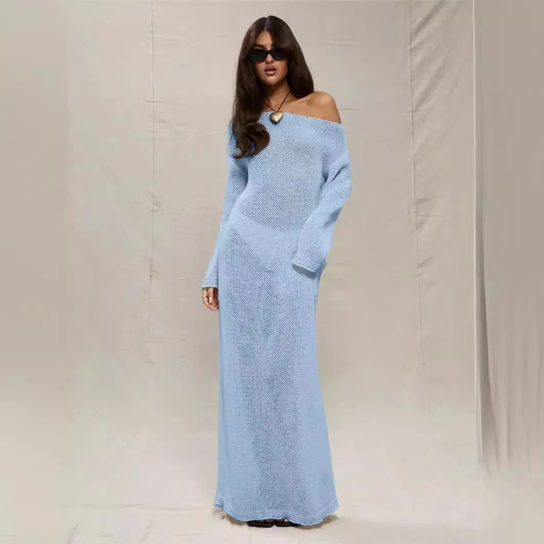 

Elegant Long Sleeve Knitted White Maxi Dress Mesh Women See Through Crochet 2024 Off Shoulder Holiday Beach Dresses Robe