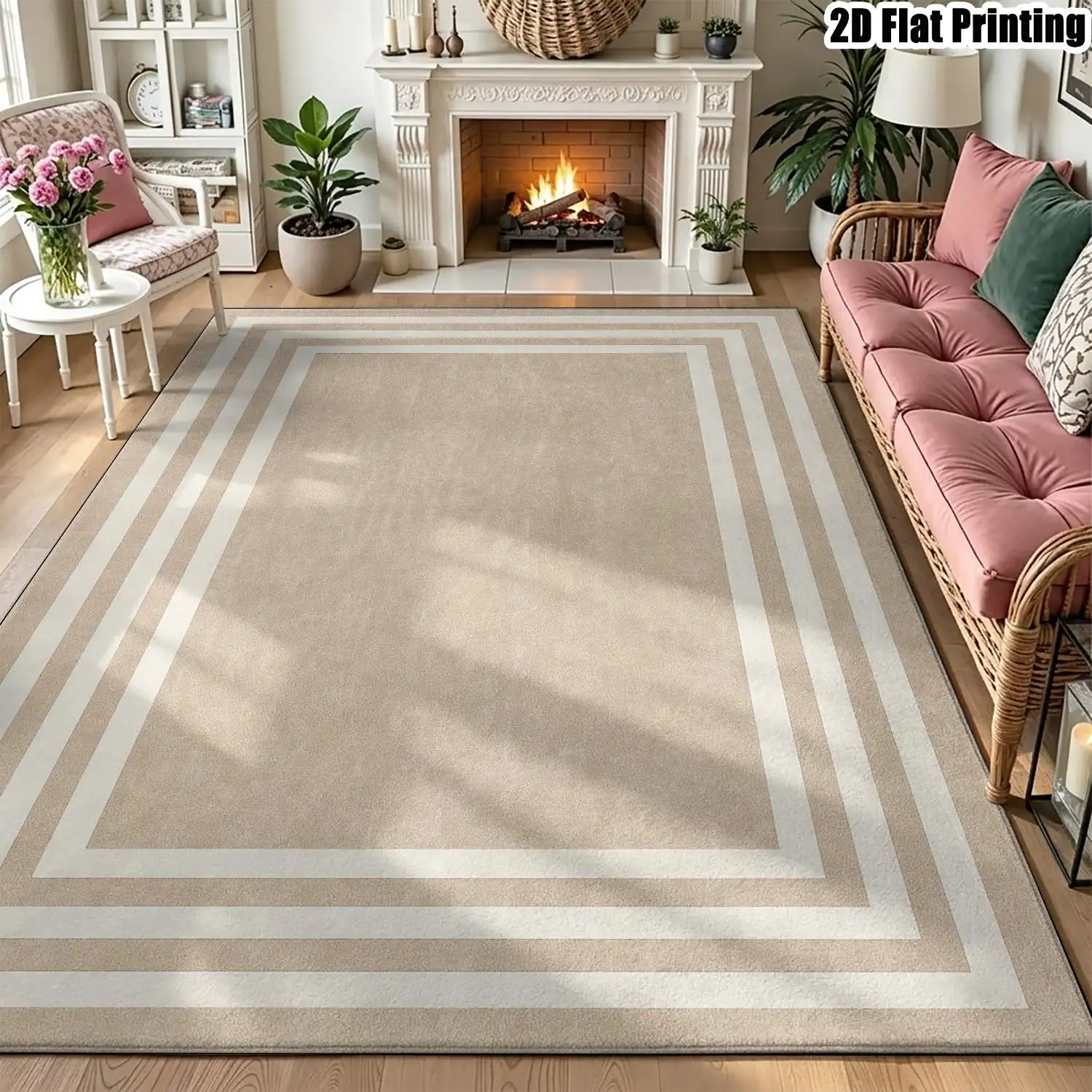 1Pc 2D Printed Light Brown Geometric Stripe Nordic/Modern Minimalist Carpet, Instagram-Inspired Floor Mat, European-Style Home Decor Rug, Multi-Size, Machine Washable, for Entrance, Dining, Foyer, Living Room, Bedroom