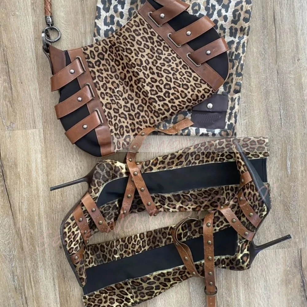 Leopard Multi Strap Knee High Boots Women Studded Wrap Straps Pointed Toe Stiletto High Heels Boots Retro Night Out Streetwear
