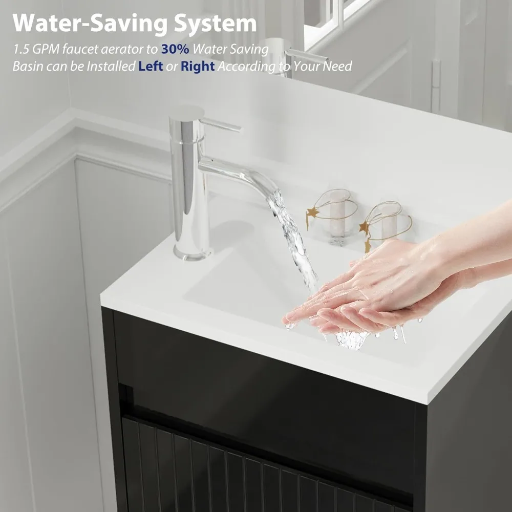 16" Small Bathroom Vanity Sink Combo, Modern Painted Wall Mounted Floating Cabinet W/Decoration Lines, Resin Basin Sink Top