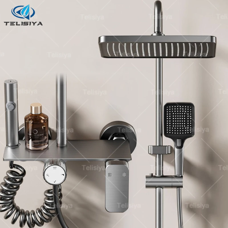 

Gun Gray Bathroom Shower Set Household Rotary Knob Hotel Multifunction Restroom Pressurize Hot and Cold Water Shower System Set