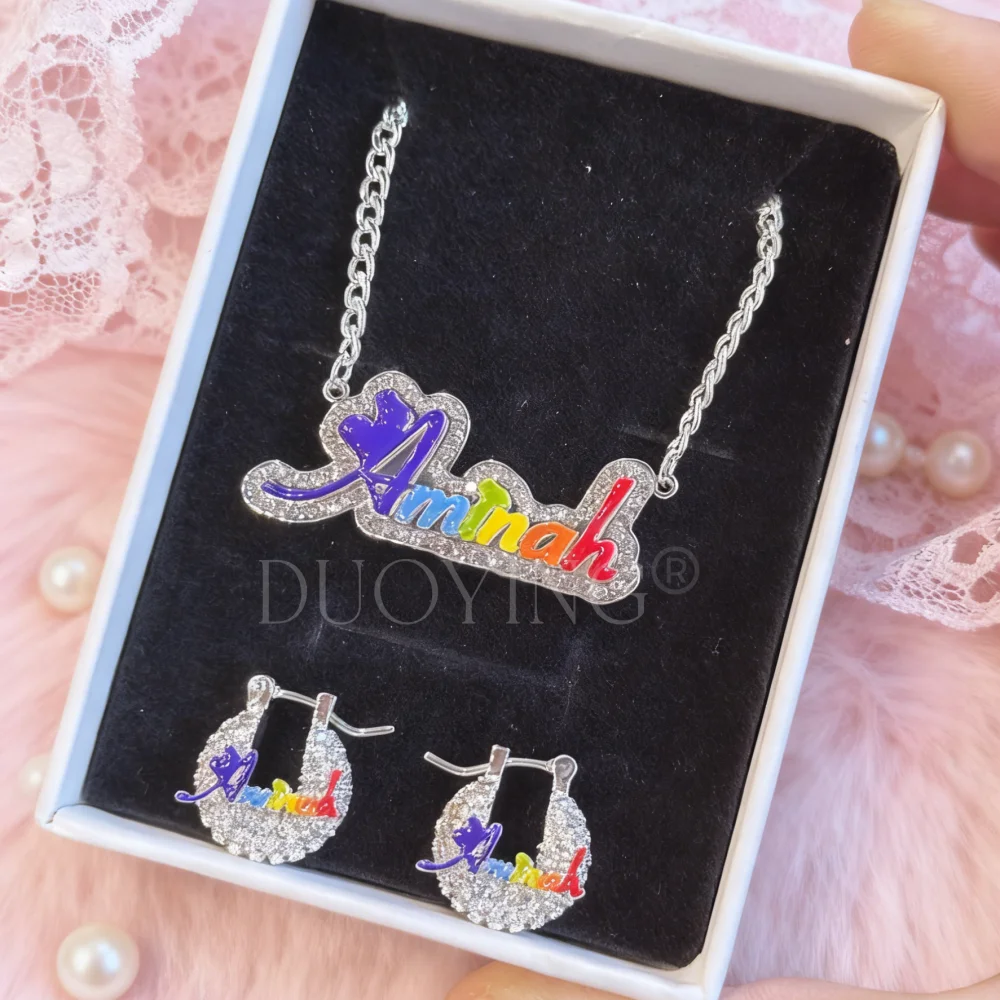 DUOYING مخصص بلينغ قوس قزح لوكس مجموعة الفولاذ المقاوم للصدأ لوحة 15 مللي متر الزركون المينا أقراط قلادة