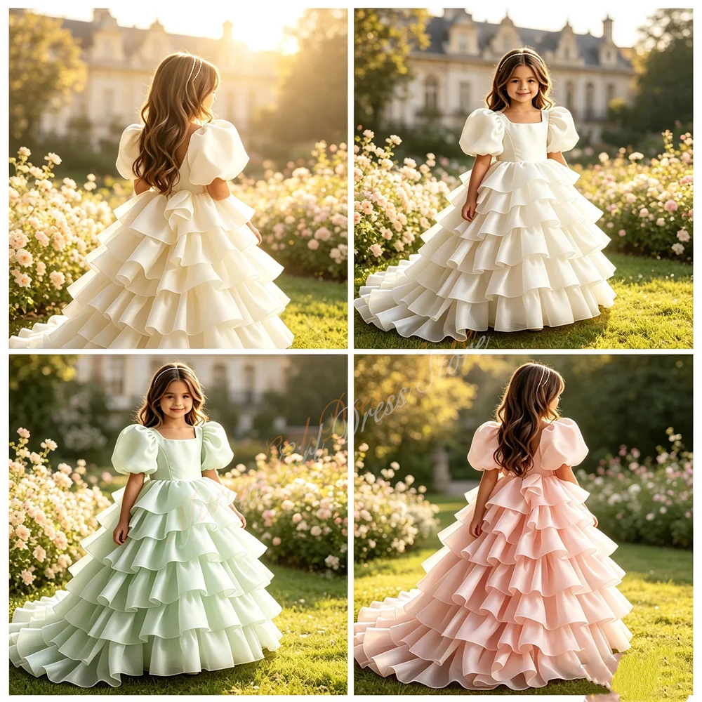 Princess Flower Girl Dresses Layered Puff Sleeve Children's Train Wedding Birthday Party First Communion Dresses